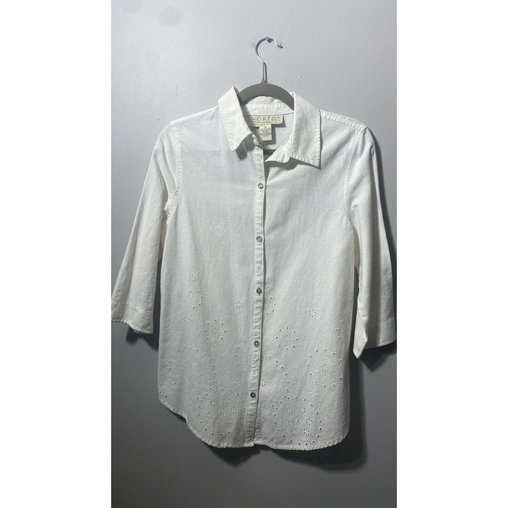 Norton Mcnaughton Linen Button Down Eyelet Design Top Classic Beach BOHO Quality